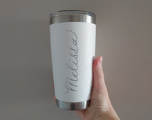 Load image into Gallery viewer, White yeti drinkware engraved "Melissa" in Calligraphy