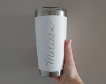 Load image into Gallery viewer, White Yeti drinkware engraved with Melissa in calligraphy
