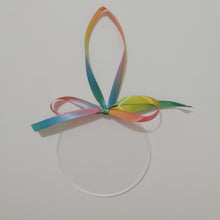 Load image into Gallery viewer, Each clear acrylic ornament is a flat 4 inch round that can be personalized with a name or small phrase. This classic style comes in your choice of ribbon and font colour. If you would like your ornament to also have the background painted please let me know the colour below. 4 inch round, 4mm thickness.