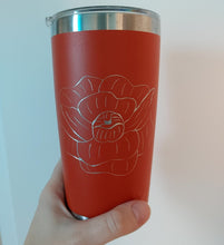 Load image into Gallery viewer, Orange Yeti drinkware engraved with a floral of a Peony
