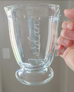 Engraved glass mug Jordan is written in calligraphy font