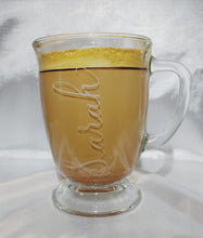Load image into Gallery viewer, Engraved glass pedestal mug Sarah is written in a calligraphy font. All mugs are dishwasher safe and the font will not wash off as it is engraved directly into the glass
