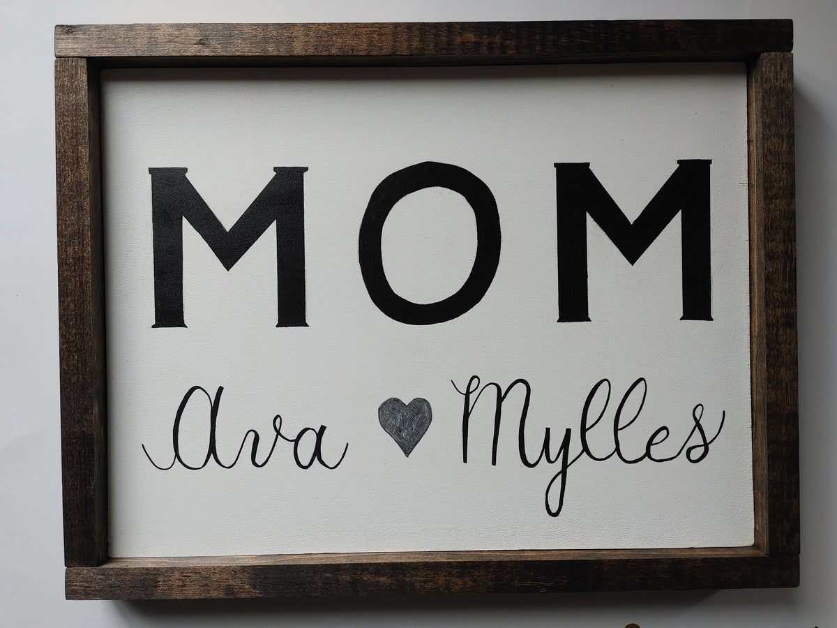 Each framed sign is made of solid high quality wood,  and the font is written in calligraphy  and "MOM" in black font. The frame is stained in your choice of colour and sealed fully for weather resistance. Are you looking for custom font or sign colour please let me know. 