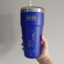Load image into Gallery viewer, Blue Yeti drinkware engraved #1 Mom in calligraphy
