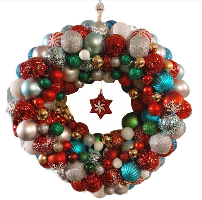 Handmade Christmas Wreath made with Silver, Green, Red and Blue bulbs accented with a hanging star ornament