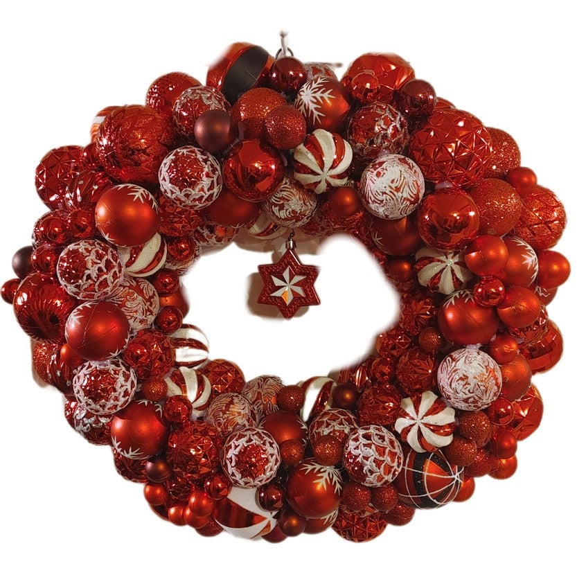 Handmade Christmas Wreath made with Red and White bulbs accented with Hanging star ornament.