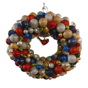 Handmade Christmas Wreath made with Blue, Red, Gold and Silver bulbs, accented with Cardinal ornament